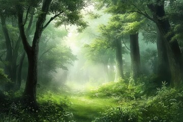 Obraz premium Lush, misty forest path. Sunlight filters through canopy.