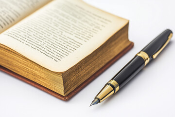 Old and classic notebook with pen isolated on white background, Selective focus book with leather cover and luxury pen.