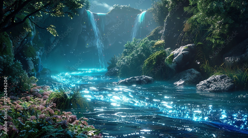 Canvas Prints a magical forest river with a waterfall in the background.