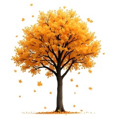 Fototapeta premium Golden Autumn Tree with Falling Leaves Isolated Nature Illustration