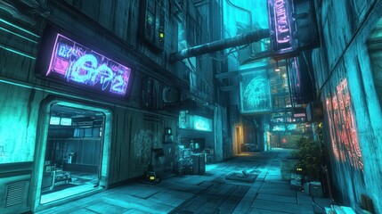 Neon-lit dystopian city alleyway scene with futuristic architectural design