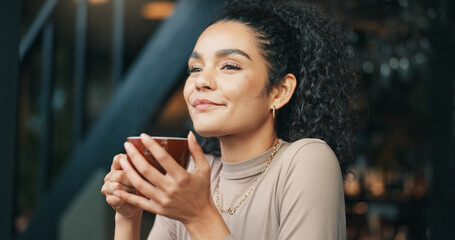 Woman, coffee and happy thinking at cafe, hospitality service and contemplating mindfulness....