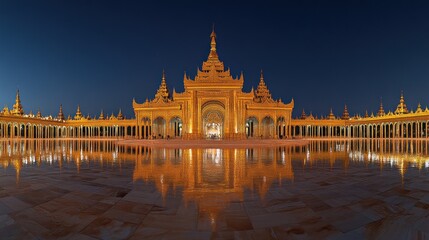 Golden Buddhist temple complex at night, reflected in water, Myanmar