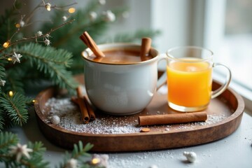 Fototapeta premium Warm Festive Beverages on a Wooden Tray with Cinnamon Sticks and Winter Greenery