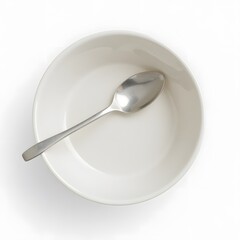Empty White Bowl with Silver Spoon Overhead View Clean Minimalist Tableware Still Life