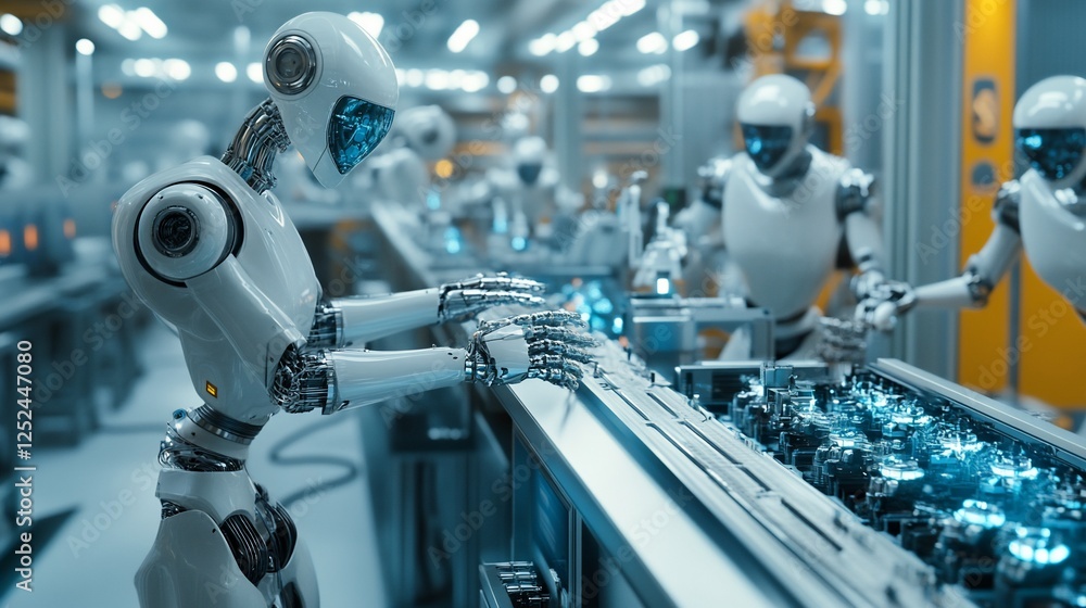 Poster advanced robotics in modern manufacturing assembly line: futuristic automation and industrial robots