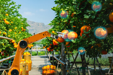 Smart robot farmer in agriculture Future automatic robot arm picks fruit Agricultural technology
