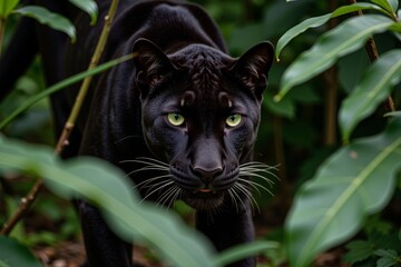 a black panther in the grass, staring at its prey.