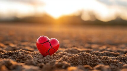 Obraz premium A broken red heart rests on sandy soil, illuminated by a warm sunset, symbolizing love, loss, and hope in a serene setting.
