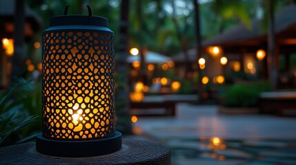 Serene Evening Ambiance: Illuminated Lantern in Tropical Garden Setting