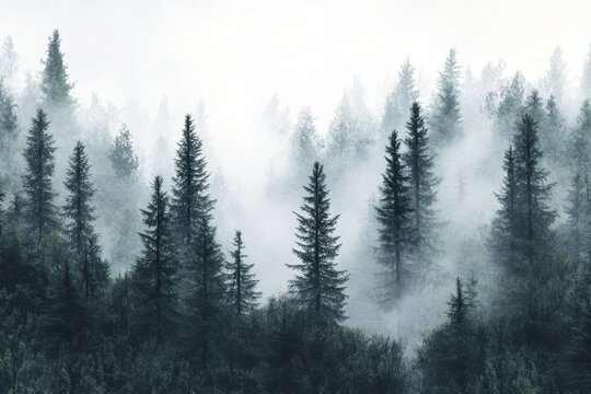 Misty forest landscape with tall evergreen trees.