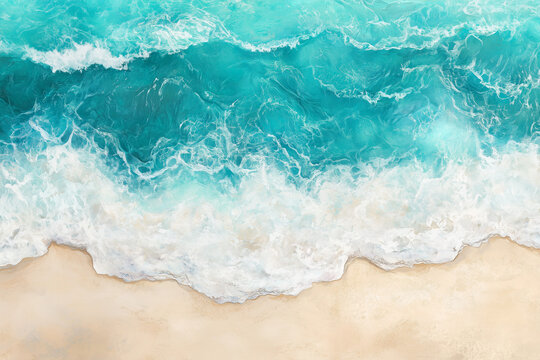 Captivating turquoise ocean waves meeting a warm, sandy shoreline under bright tropical skies, offering a serene summertime beach background for travel and vacation designs - Powered by Adobe