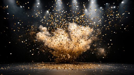 Fototapeta premium Majestic Golden Confetti Explosion with Dramatic Lighting in a Grand Setting