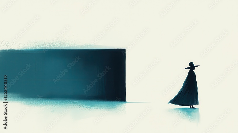 Poster mysterious figure walking towards a dark cube abstract setting minimalist art surreal environment
