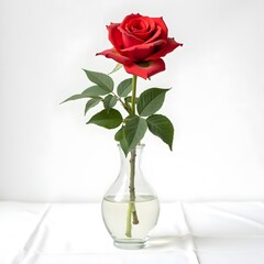 Fototapeta premium Single Red Rose in Clear Glass Vase on White Background Elegant Floral Still Life