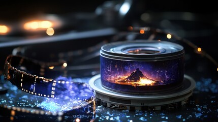 Vintage Film Reel Shining in Professional Quality with Landscape Background and Artistic Elements