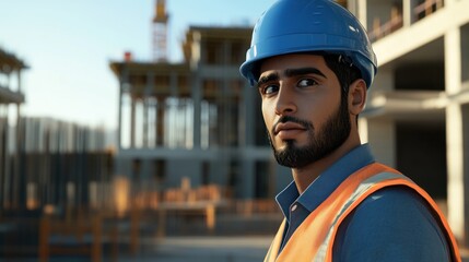 Construction worker portrait, site background, building project, safety helmet