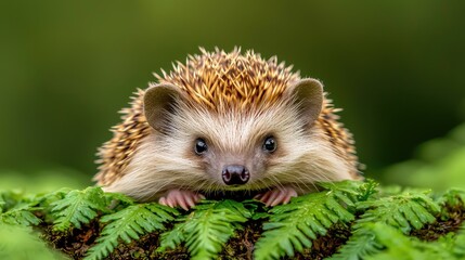 Fototapeta premium Cute hedgehog resting on ferns in forest. Possible stock use nature scene