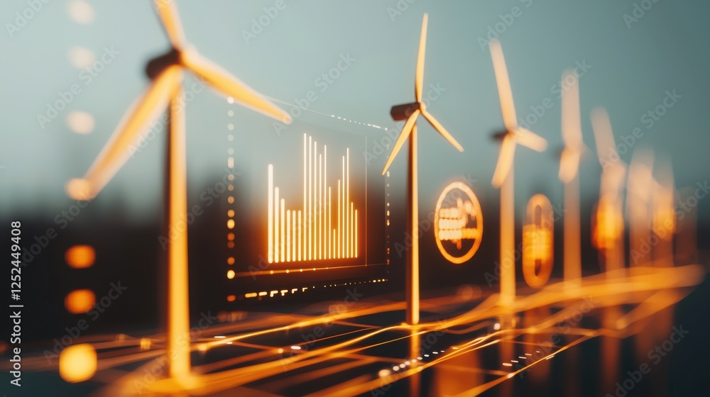 Poster digital wind turbine energy concept with data visualization and graphs representing renewable power 