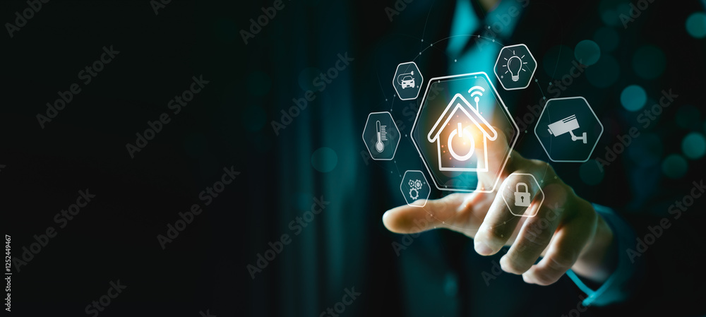 Poster futuristic smart home interface display, businessman touching virtual screen with connected device i