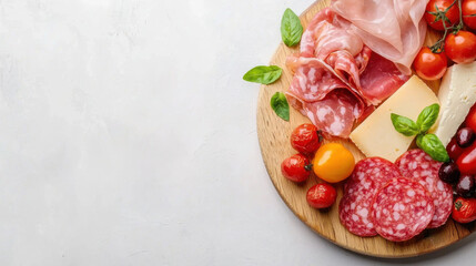 Gourmet charcuterie board with meats, cheeses, and fresh vegetables