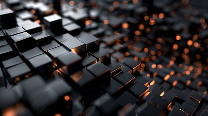 Fototapeta premium Black cubes with warm lights reflecting on them.