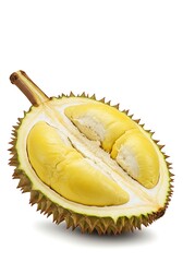 Fototapeta premium Durian Fruit Cross Section Showing Yellow Pulp Isolated on White