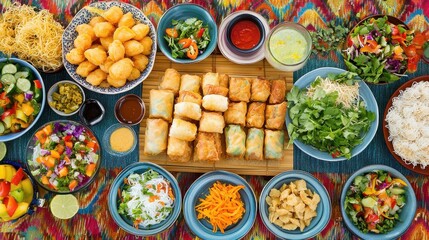 Fototapeta premium A colorful display of Vietnamese dishes, including Nem fresh salads, rice noodles, and dipping sauces, arranged on a bamboo mat for a festive meal setup.