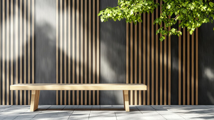 Modern wooden bench against striped wall with greenery