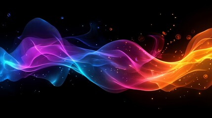 Fototapeta premium Abstract Wavy Pattern with Glowing Particles in Pink Blue and Orange on Black Background