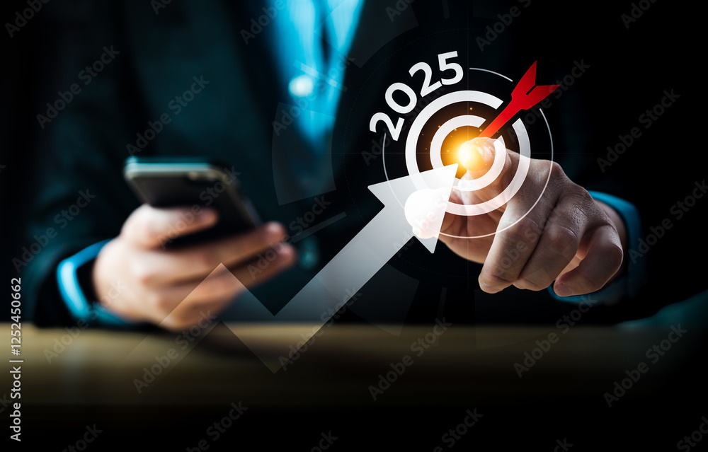 Poster businessman using smartphone and touching virtual target with 