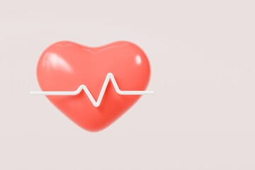 3d Red heart and heartbeat wave icon isolated on blue background. Emergency, Safety, Hospital doctor equipment medic health care concept. 3d minimal heartbeat pulse sensor icon design. 3d render.