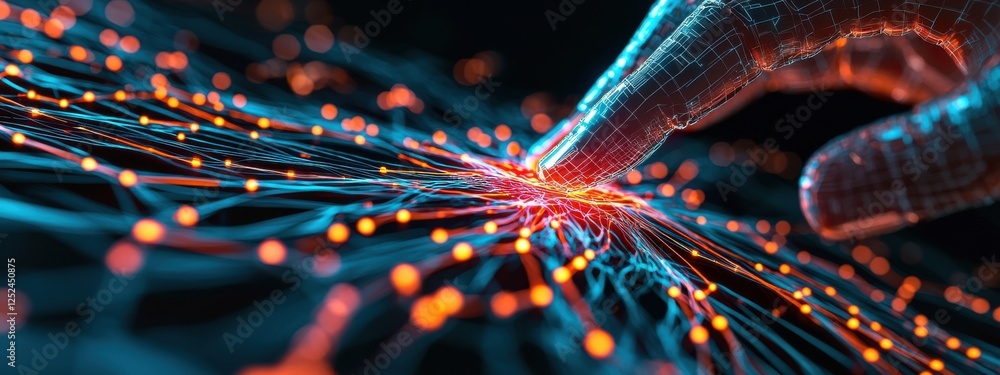 Poster futuristic hand touching digital network with glowing nodes and interconnected lines in cyber space