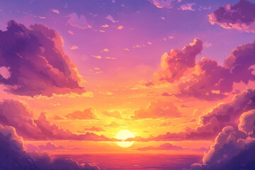 Fototapeta premium Beautiful summer sunset sky with vibrant orange, pink, and purple hues blending seamlessly over a tranquil horizon