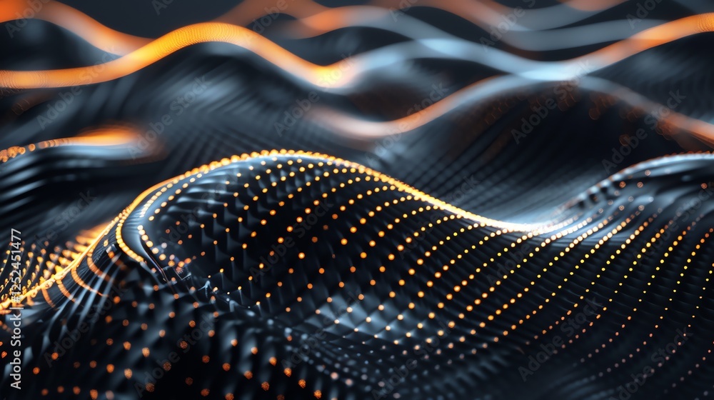 Poster abstract 3d rendering of a black grid with glowing orange dots.