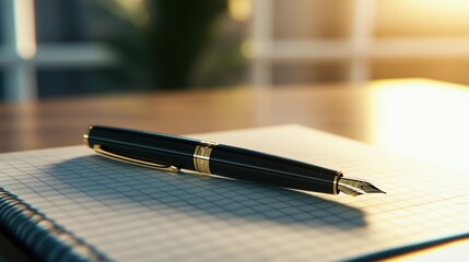 Fototapeta premium Fountain pen rests on notepad; sunlit office background; writing, planning