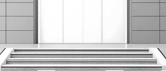 Obraz premium Modern building entrance with stairs and elevator doors.