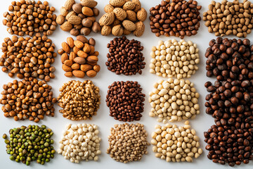 Fototapeta premium Top view group of mixed nuts isolated on white background, Selective focus varies of mixed nut on white, Close up shot grains and nuts.