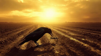 Fototapeta premium Crow eating prey in plowed field at sunset
