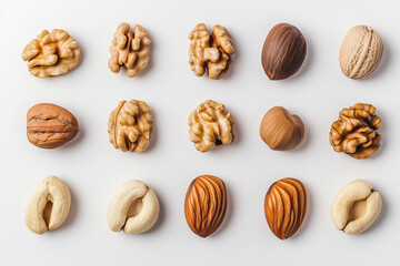 Top view group of mixed nuts isolated on white background, Selective focus varies of mixed nut on white, Close up shot grains and nuts.