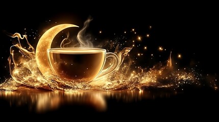 Golden Crescent Moon Encircles Steaming Cup Of Tea