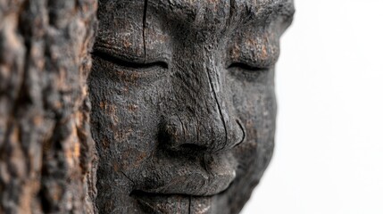 Closeup carved wooden face, tree bark background, artwork, possible use in design or art book
