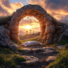Resurrection sunrise, stone arch, hilltop crosses, hope