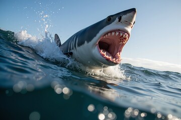 Fototapeta premium A shark is swimming through the water, its mouth open to strike its prey.
