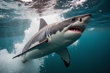 Naklejka premium A shark is swimming through the water, its mouth open to strike its prey.