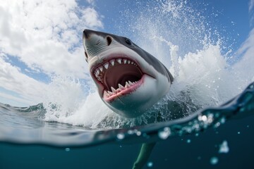 Fototapeta premium A shark is swimming through the water, its mouth open to strike its prey.