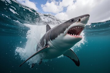 Fototapeta premium A shark is swimming through the water, its mouth open to strike its prey.