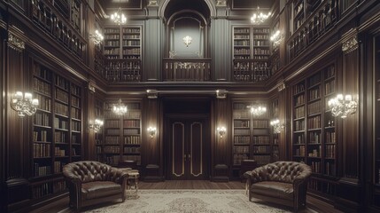 Elegant Library Interior with Rich Wood Accents and Warm Chandelier Lighting in a Cozy Atmosphere