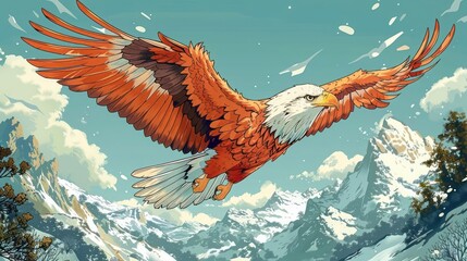 A vibrant illustration of a majestic eagle soaring over snow-capped mountains.