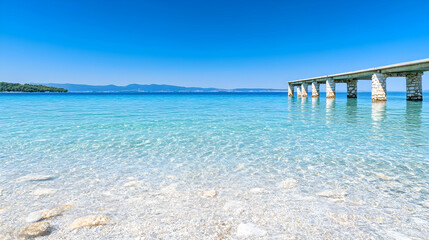 Tranquil azure sea with pier on Corfu, Greece. A serene scene, ideal for travel blogs and coastal promotions, inviting relaxation